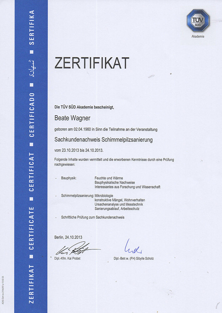 Zertifikat Schimmelpilzsanierung TUV 2013