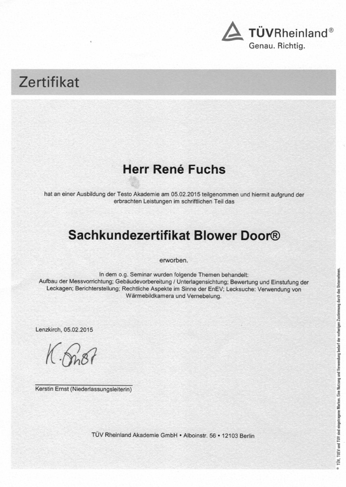 Zertifikat Blower Door