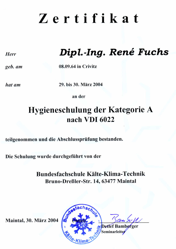 Zertifikat Hygieneschulung VDI 6022